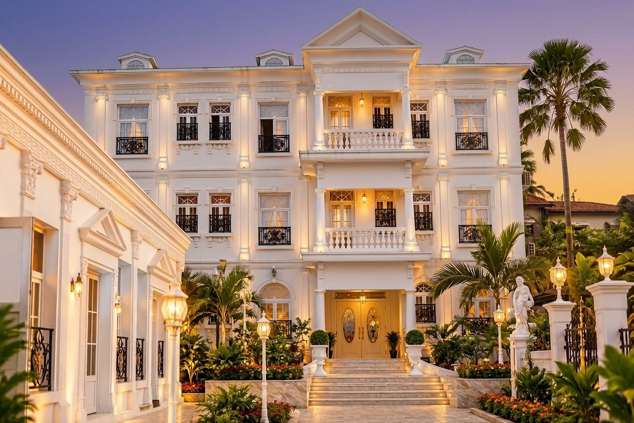 Façade de l'Hôtel Château Blanc illuminée au coucher du soleil